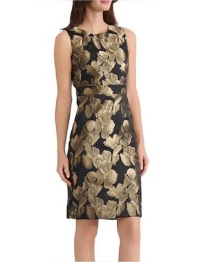 KASPER Petite Floral Jacquard Sheath Dress Gold Black NWT Size 2P Metallic
